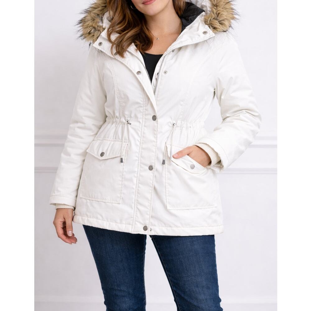 Levi's Coat Women White Faux Fur Hooded Parka Puffer Zip Snap Size Medium‎